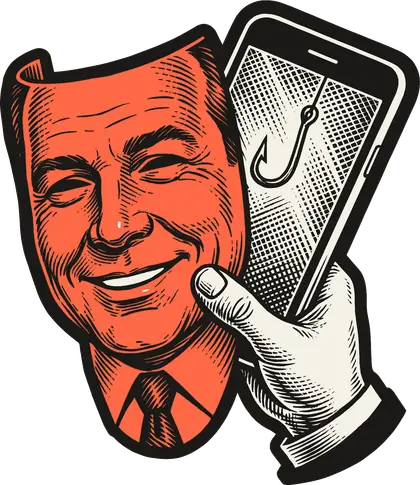 Gravura de uma mão segurando, diante de um celular, uma máscara em coral com o rosto sorridente de um executivo; na tela do celular aparece um anzol