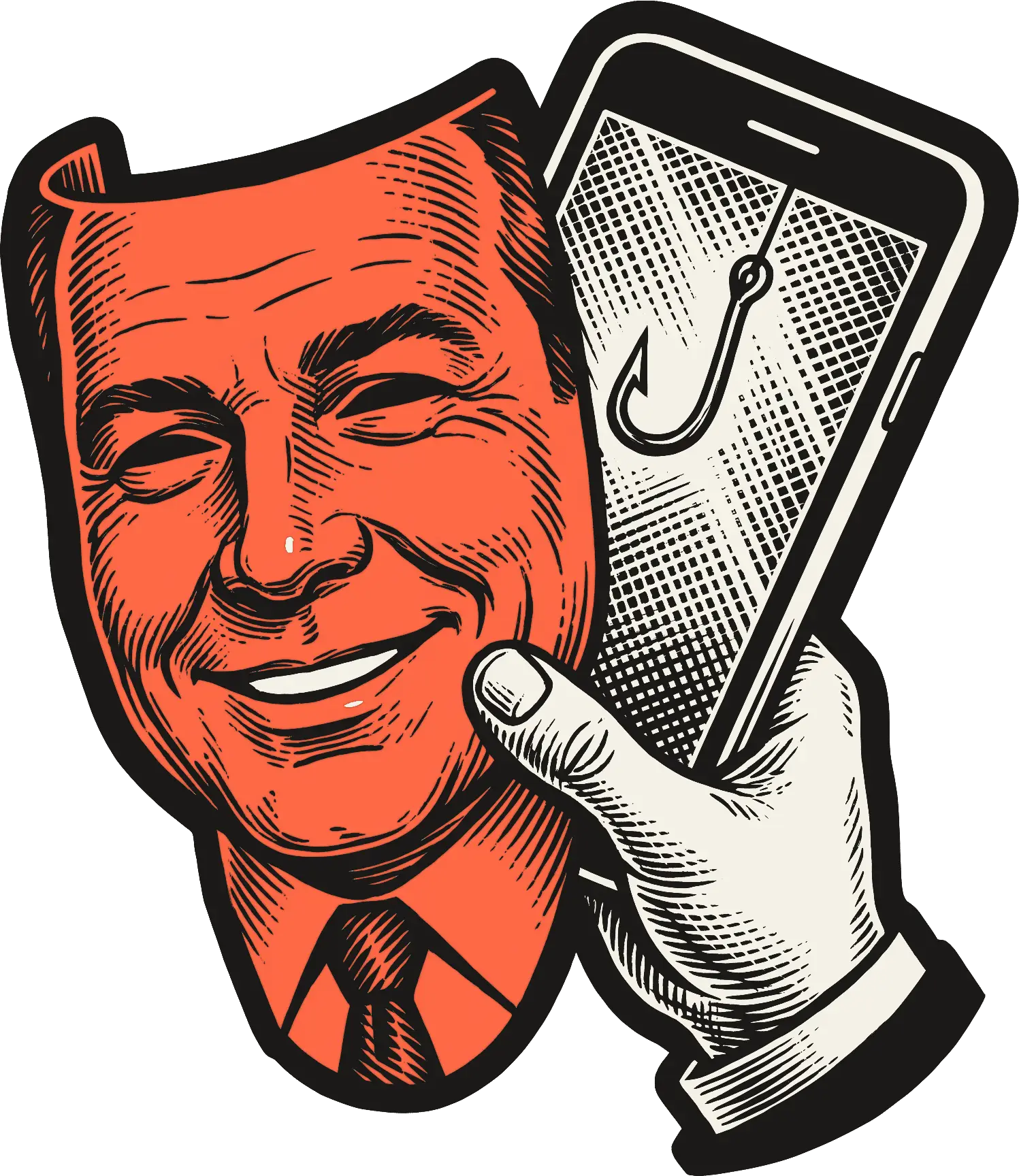 Gravura de uma mão segurando, diante de um celular, uma máscara em coral com o rosto sorridente de um executivo; na tela do celular aparece um anzol