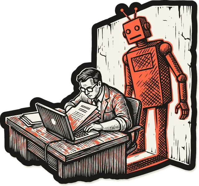 Gravura de um funcionário digitando no notebook enquanto pastas de documentos deslizam para a tela; na parede atrás dele, a sombra tem a forma de um robô, em coral