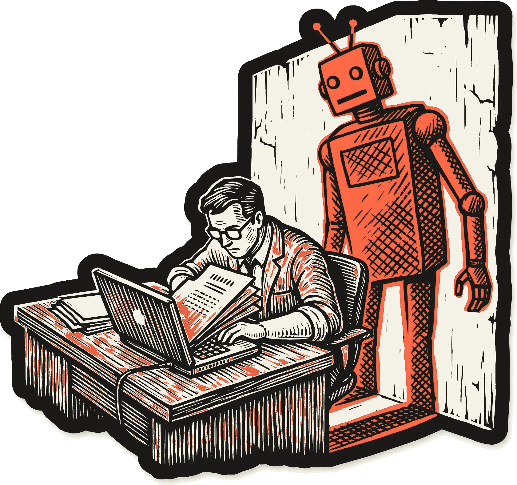 Gravura de um funcionário digitando no notebook enquanto pastas de documentos deslizam para a tela; na parede atrás dele, a sombra tem a forma de um robô, em coral