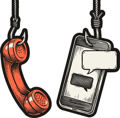 Gravura de um fone de telefone antigo em coral e de um celular com balões de mensagem, os dois pendurados em linhas de pesca como iscas