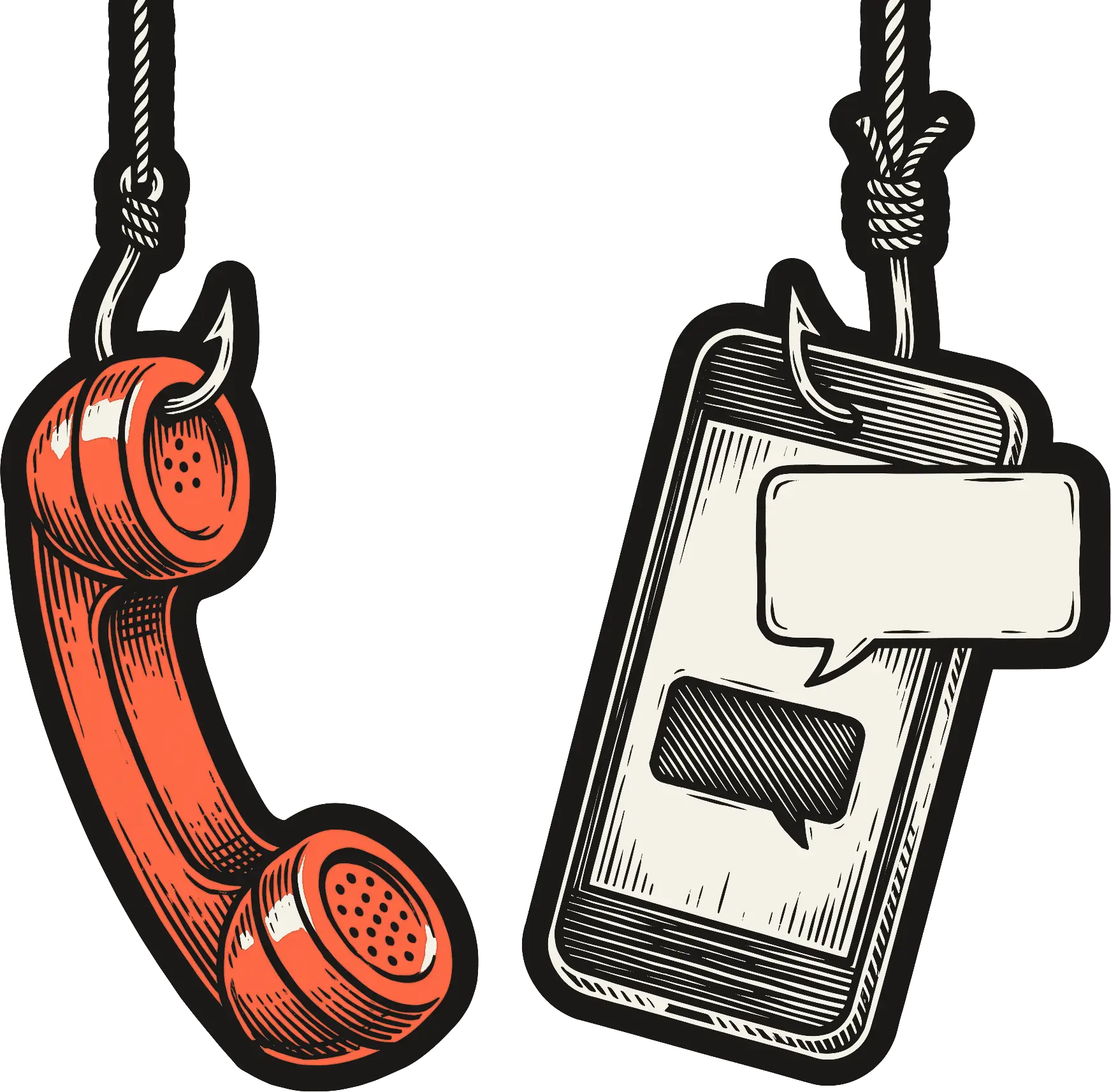 Gravura de um fone de telefone antigo em coral e de um celular com balões de mensagem, os dois pendurados em linhas de pesca como iscas